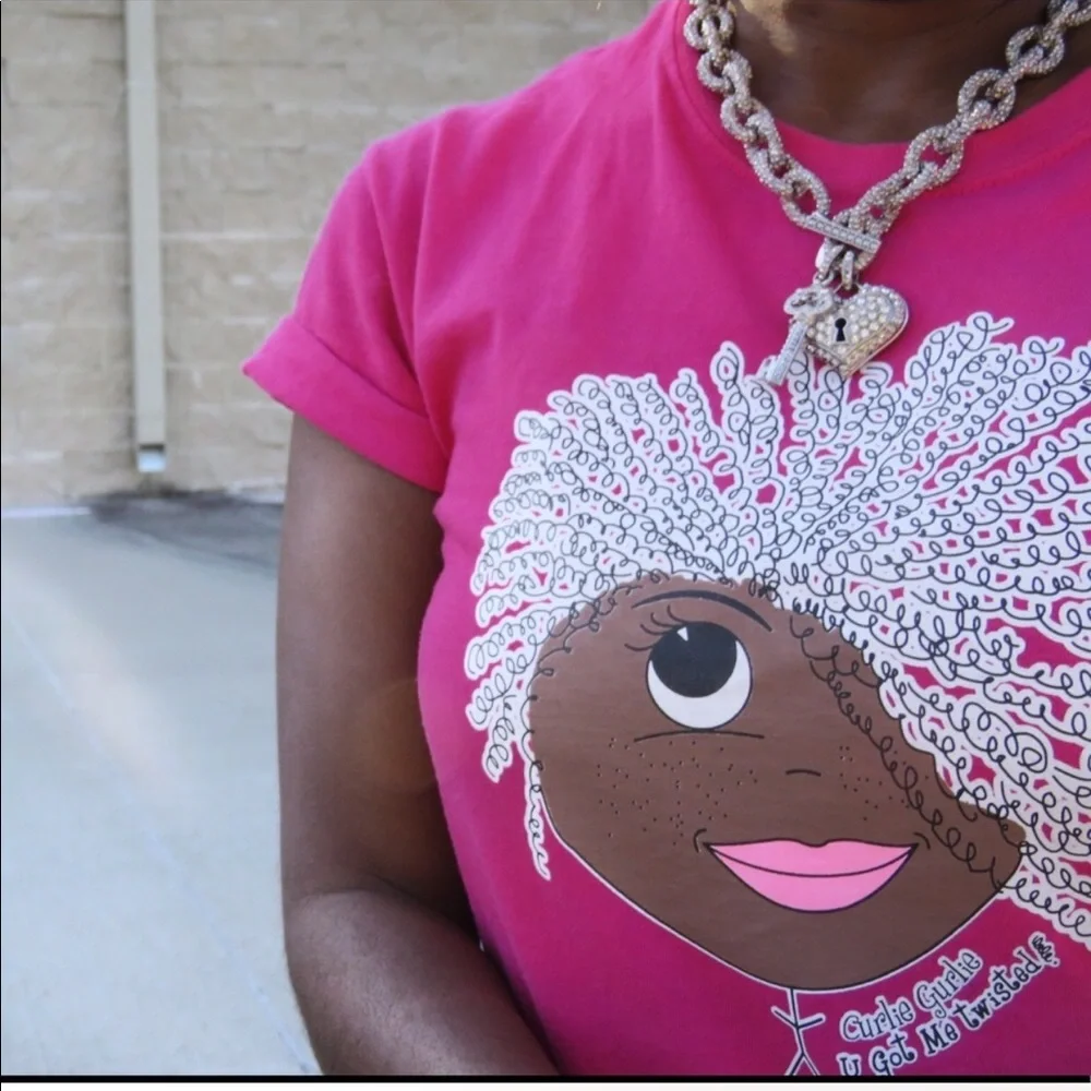 Plus Size New Pink Tee with cute curly hair - Picture 1 of 5